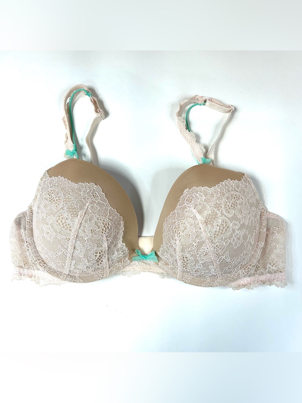Dream Angels Victorias Secret 36C Pushup Bra  Beige Pink Floral Lace Padded 2576